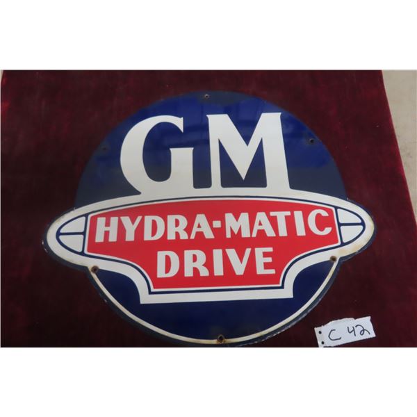GM Hydra-Mattic Drive Porcelain Dealership Sign W/ Rich Cobalt, C. 1940s–Early 1950s, 19" x 16"