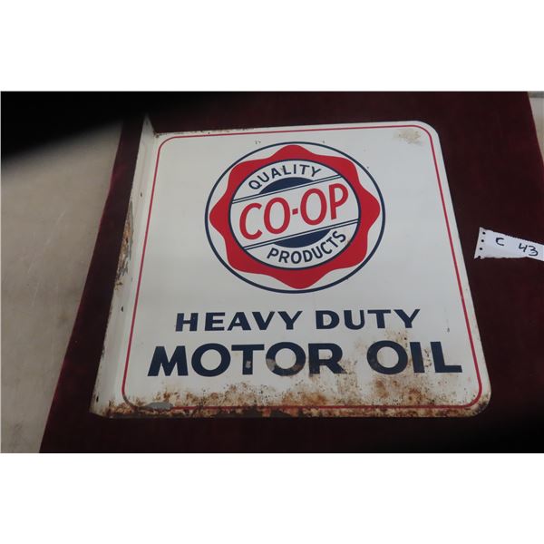 Coop Products Motor Oil Two-Sided Metal Flange Sign, Different Oil Product Per Side, 18" x 18"
