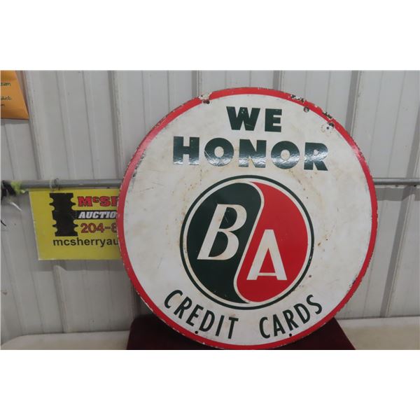 British American BA “We Honor Credit Cards” Two-Sided Porcelain Service Station Sign