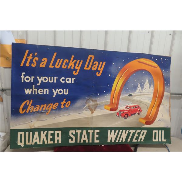 Quaker State Winter Oil Heavy Paper Banner, C. Early 1940s, 34" x 57"
