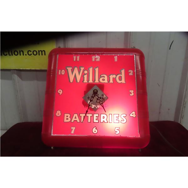 Willard Batteries Mid-Century Light-Up Clock, C. 1940s–1950s, 12 1/2" x 12 1/2"