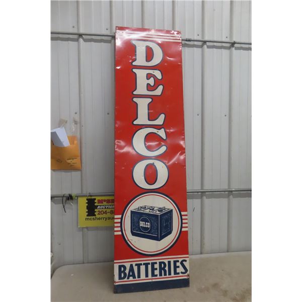 Delco Battery Vertical Metal Tin Sign Mounted on Wood Frame, Great Graphics of 6V Battery