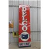 Image 1 : Delco Battery Vertical Metal Tin Sign Mounted on Wood Frame, Great Graphics of 6V Battery