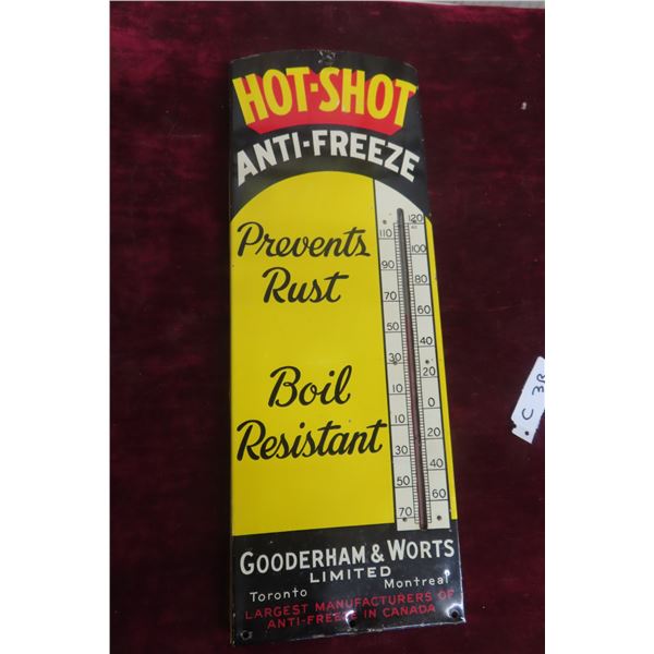 Hot Shot Antifreeze Metal Tin Thermometer W/ Bulb, C. 1940s, 7 1/2" x 20"