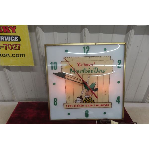 Lighted Mountain Dew Clock W/ Hillbilly Character by Pam Clock Corp, C. 1960s, 15" x 15"