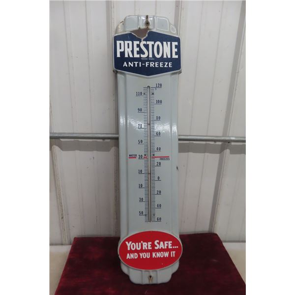 Prestone Antifreeze Porcelain Thermometer W/ Bulb, C. 1950s, 9" x 30" "You're Safe & You Know It"