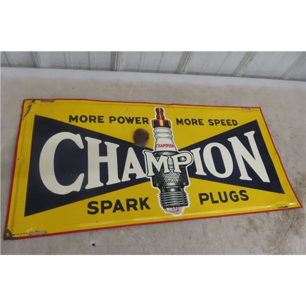 Champion Spark Plug Metal Tin Sign W/ More Power More Speed Slogan, 14" x 30"