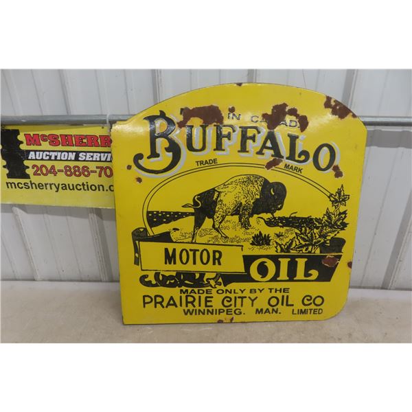 Buffalo Motor Oil Prairie City Oil Co Two-Sided Porcelain Flange Sign, 24" x 24"