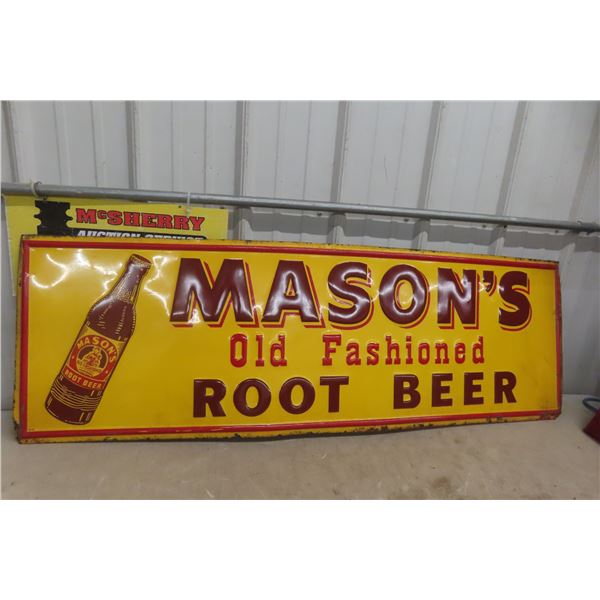 Mason’s Old Fashioned Root Beer Embossed Metal Tin Sign, 1953, 17 1/2" x 54"