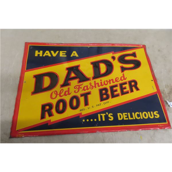 Dad’s Old Fashioned Root Beer Embossed Metal Tin Sign, Vintage, 19" x 27"
