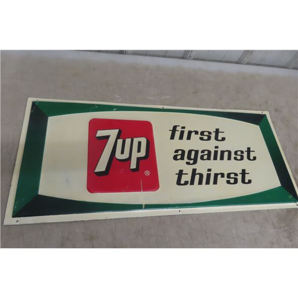 7UP First Against Thirst Embossed Metal Tin Sign, 1966, 13" x 30"
