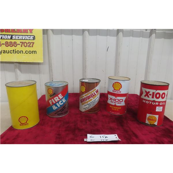 5 x Shell Oil Quart Cans W/ Various Motor Oil Automotive Products, 2 w/ Product