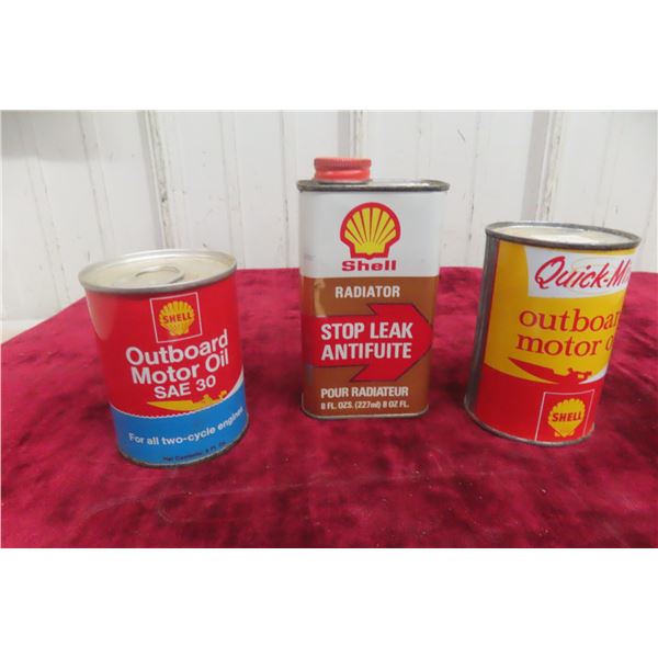 Three Shell Oil Cans W/ Two Outboard 8 Ounce to 10 Ounce Cans & One Radiator Stop Leak 8 Ounce Can