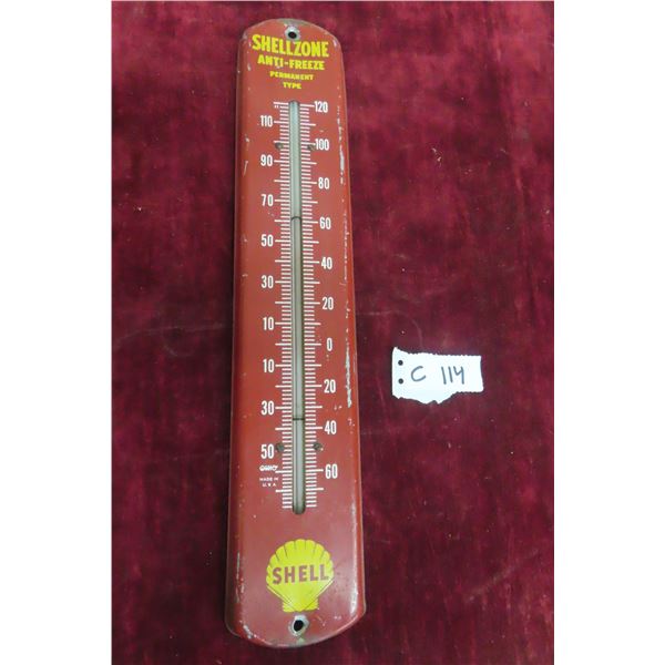 Shell Antifreeze Metal Thermometer W/ Bulb, Vintage Example, 3 1/4" x 16 3/4"