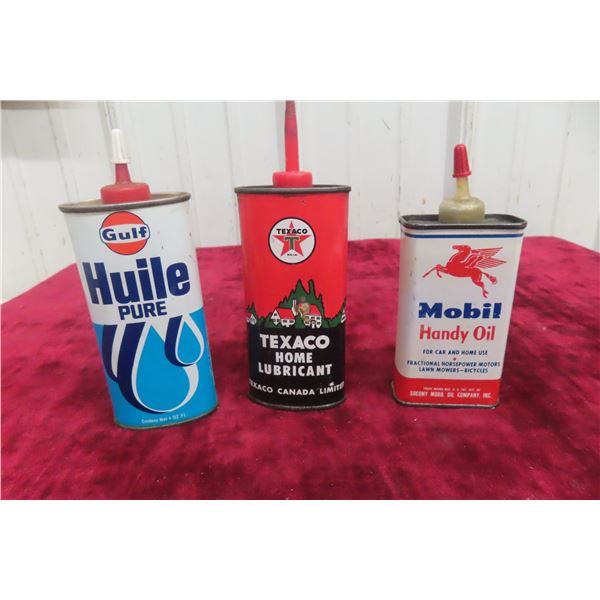 Three Handy Home Oil Cans W/ Gulf, Texaco, & Mobil, 4 Ounce