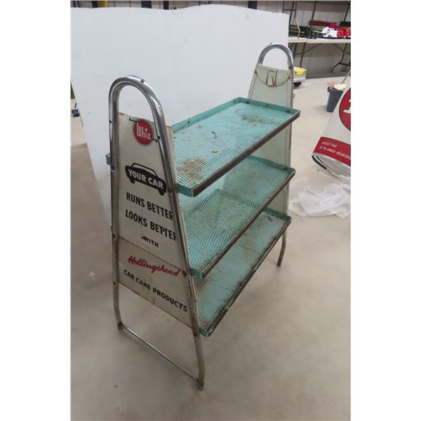 Whiz Three Tier Self Metal Oil Rack W/ Graphics on Both End Panels, C. 1950s, 43" x 32" x Up To 18"