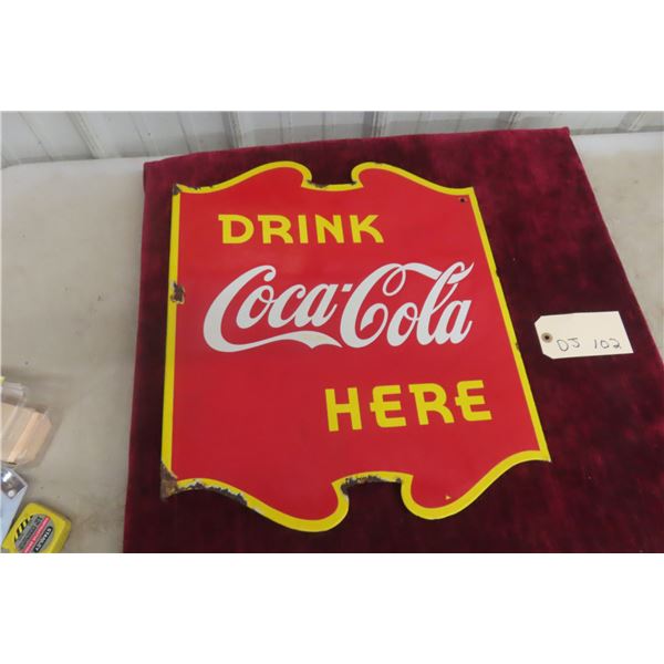 Coca-Cola Drink Here Two-Sided Porcelain Flange Sign, 1940, 17" x 20"