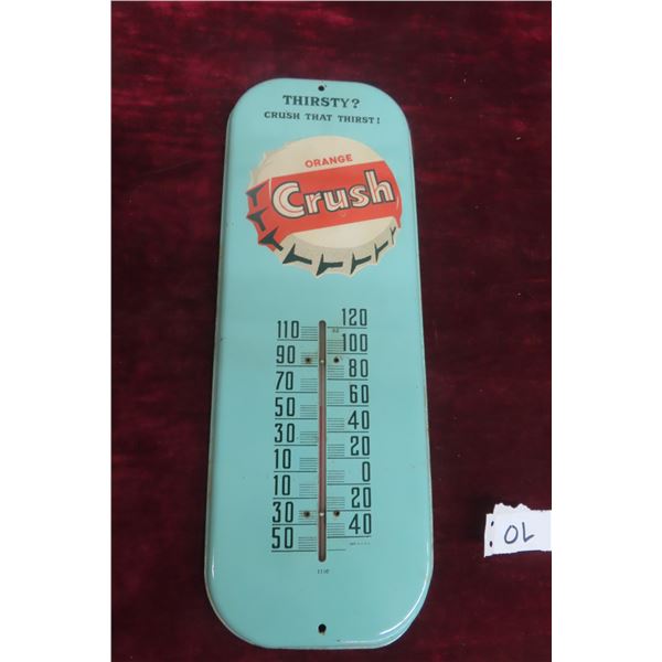 Orange Crush Metal Tin Thermometer w/Bulb - Crush That Thirst, C. 1940s–1950s, 6" x 16"