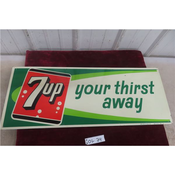 7UP Thirst Away Embossed Metal Tin Sign by Stout Sign Co, C. 1965, 12" x 30"