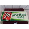 Image 1 : 7UP Thirst Away Embossed Metal Tin Sign by Stout Sign Co, C. 1965, 12" x 30"