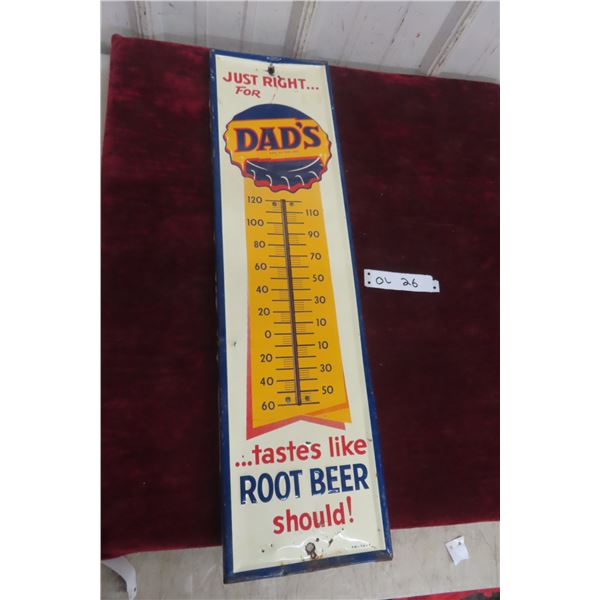 Dad’s Root Beer Embossed Metal Tin Thermometer W/ Bulb, C. 1950s–1960s, 7 1/2" x 27"