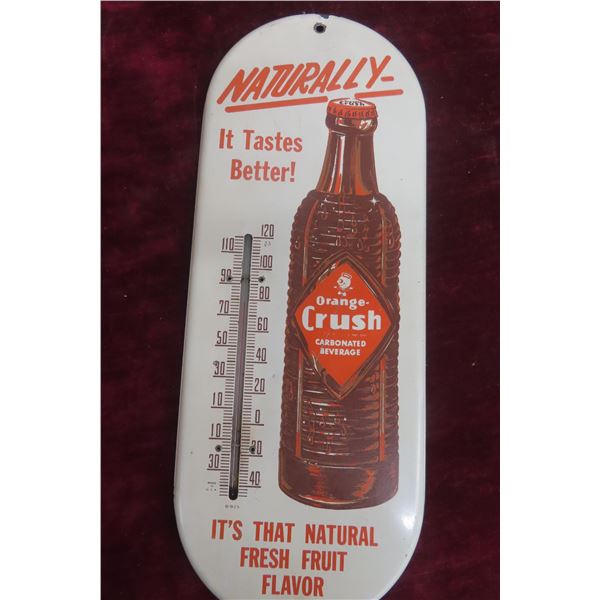 Orange Crush Metal Tin Thermometer W/ Beehive Bottle w/ Crushy, C. 1940s–1950s, 6" x 15"