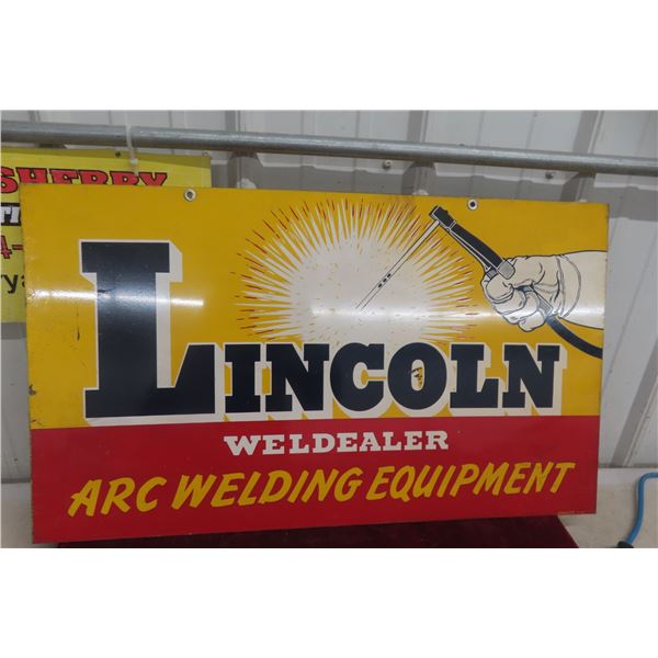 Lincoln Welder Arc Welding Equipment Painted Metal Two-Sided Sign, 1957, 30" x 17 1/2"