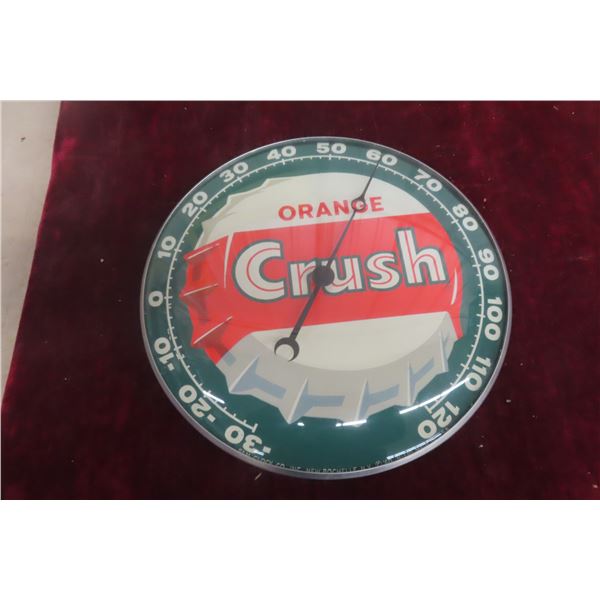 Orange Crush Thermometer W/ Glass Lens by Pam Clock Co, C. 1960, 12" Diameter