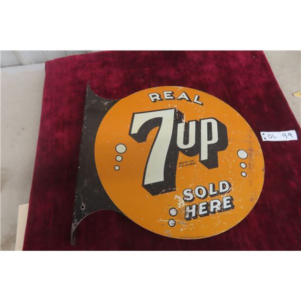 7UP Real Sold Here Metal Two-Sided Flange Sign, C. 1940s, 17" x 15 1/2"