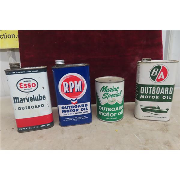 4 Outboard 1 Quart Oil Cans: BA, Esso, RPM, Marine Special. 3 with 