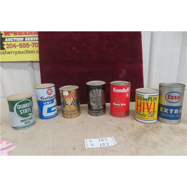 7 Quart Oil Cans: Gulf, Quaker State, Durol, Shell, Kendall, Esso, 