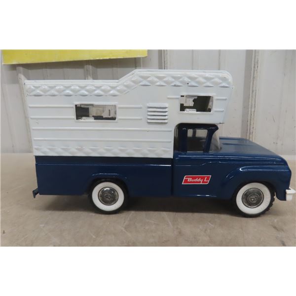 Buddy L Camper/Pickup Truck Pressed Steel 1960s or 70s 14'' Long w/ Box