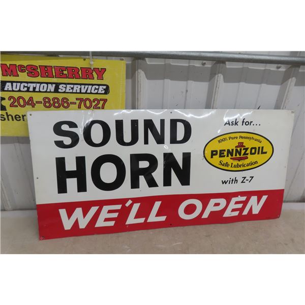 Pennzoil 'Sound Horn, We'll Open' Painted Metal Sign 15'' x 32'' 