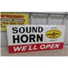 Image 1 : Pennzoil 'Sound Horn, We'll Open' Painted Metal Sign 15'' x 32'' 