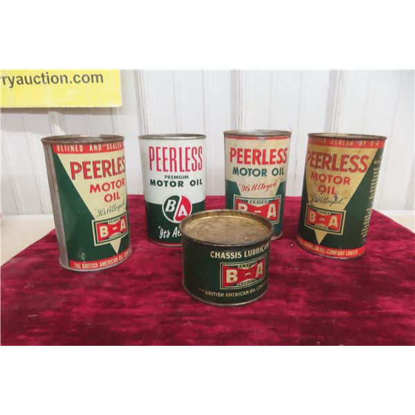 5 BA Cans: (1) 1lbs Grease Can, (4) Motor Oil Quart 