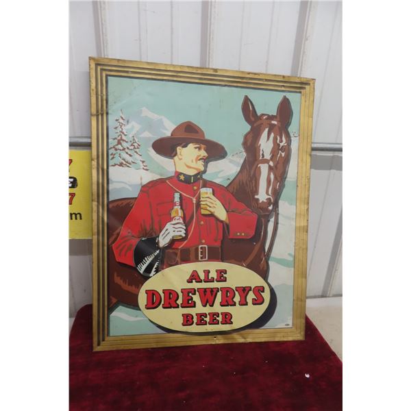 Drewrys Ale Beer Metal Tin Sign with Mountie Drinking Beer