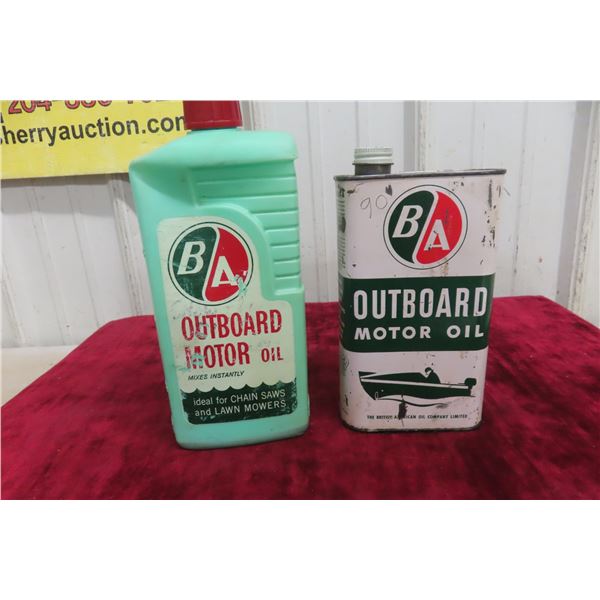 2 BA Outboard Oil Quart Cans (1) Plastic, (1) Metal 