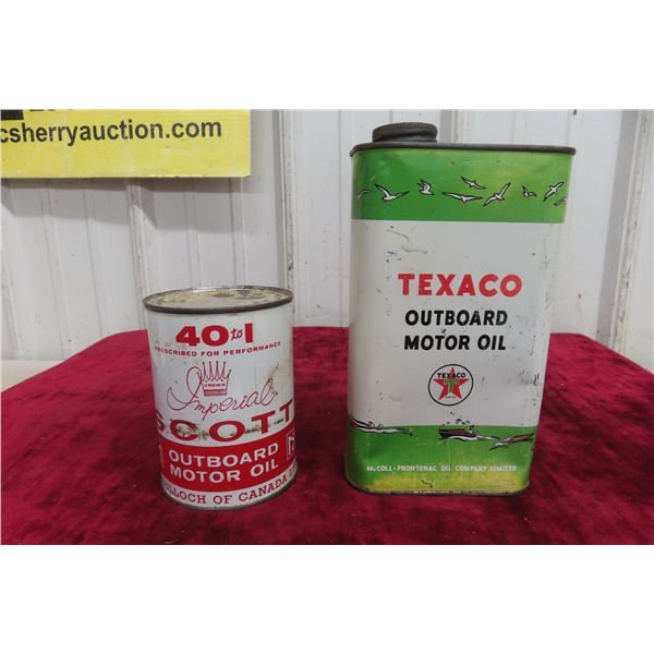 2 Outboard Oil Cans (1) Texaco Quart, (1) Scott 20oz with Product 