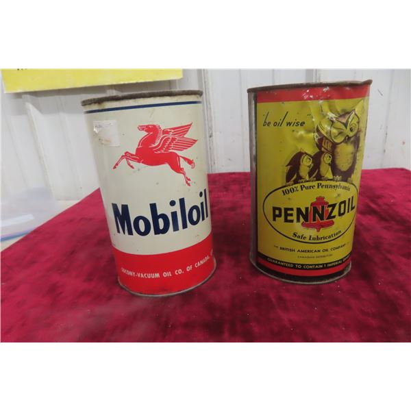 2 Oil Quart Cans (1) Pennzoil Be Oil Wise, (1) Mobiloil 