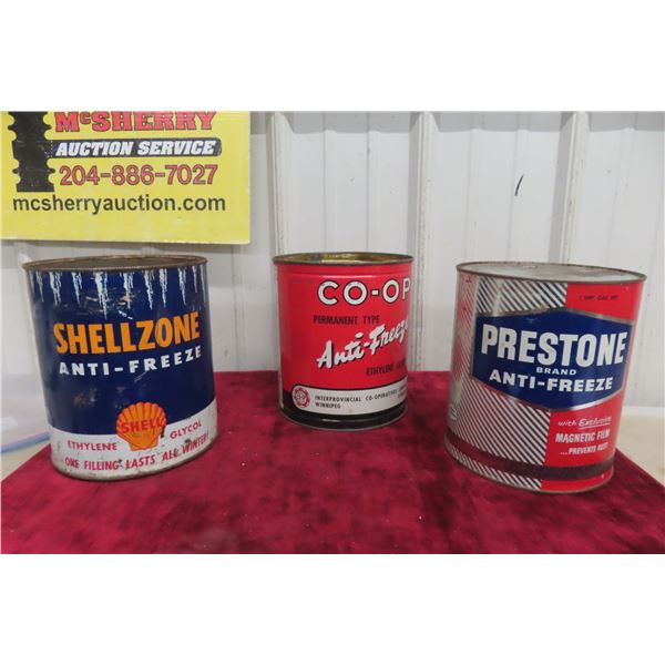 (3) 1 Gallon Antifreeze Cans: Shell, Coop, Prestone 
