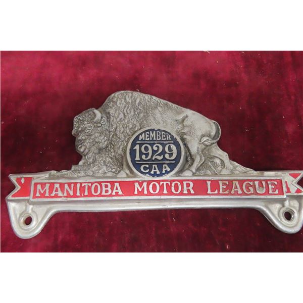 1929 Manitoba Motor League License Plate Topper, Aluminum Art of