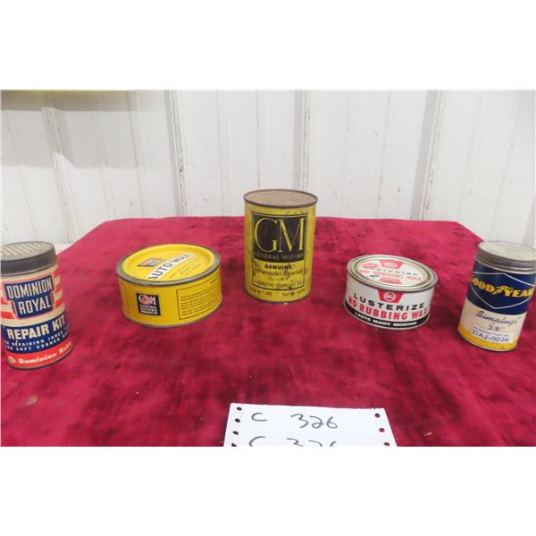 5 Service Station Product Tire Repair Tins: Dominion Royal, Goodyear