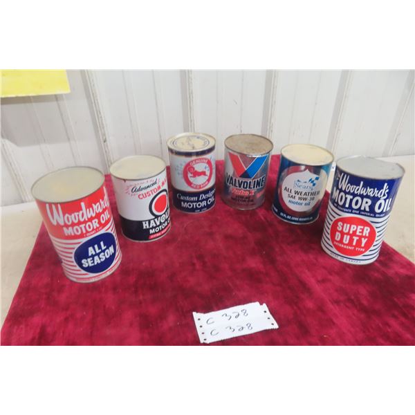 6 Oil Quart Cans with Product: Havoline, Woodwards, Genuine Red 