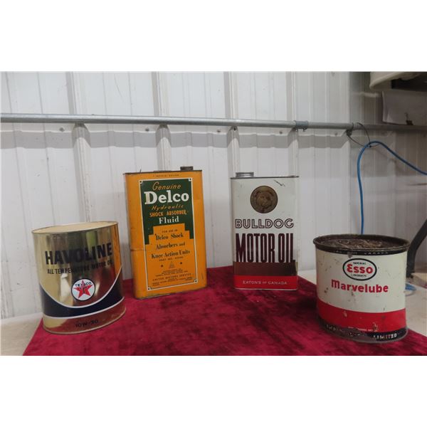 4 Service Station Cans: Texaco Havoline 1 Gal, Delco Shock Fluid 1 