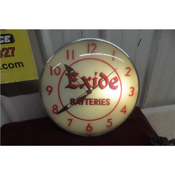 1950s Exide Battery Clock Glass Lens, Lights Up & Works 15'' 