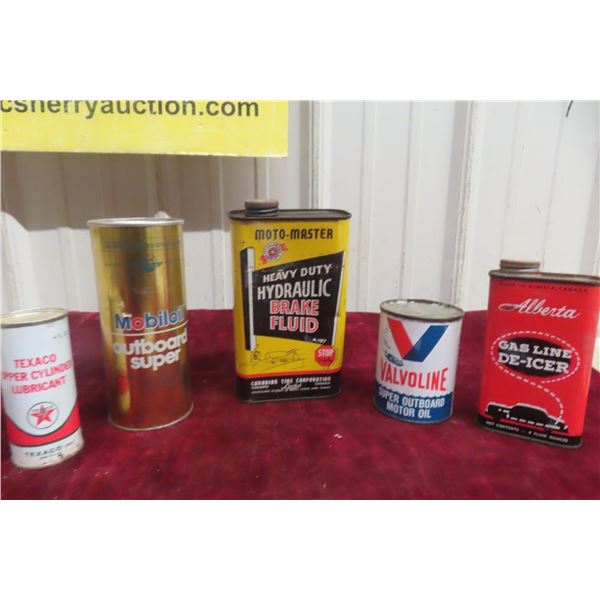 5 Oil Product Cans: Texaco Cylinder Lube, Mobil Oil Outboard, 