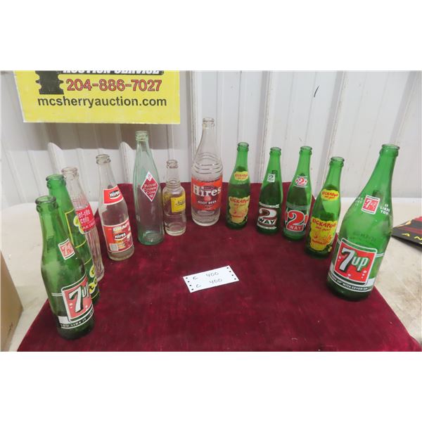 12 Old Pop Bottles: 7up, Kickapoo, 2Way, Hires, Nu Grape, Up Town &