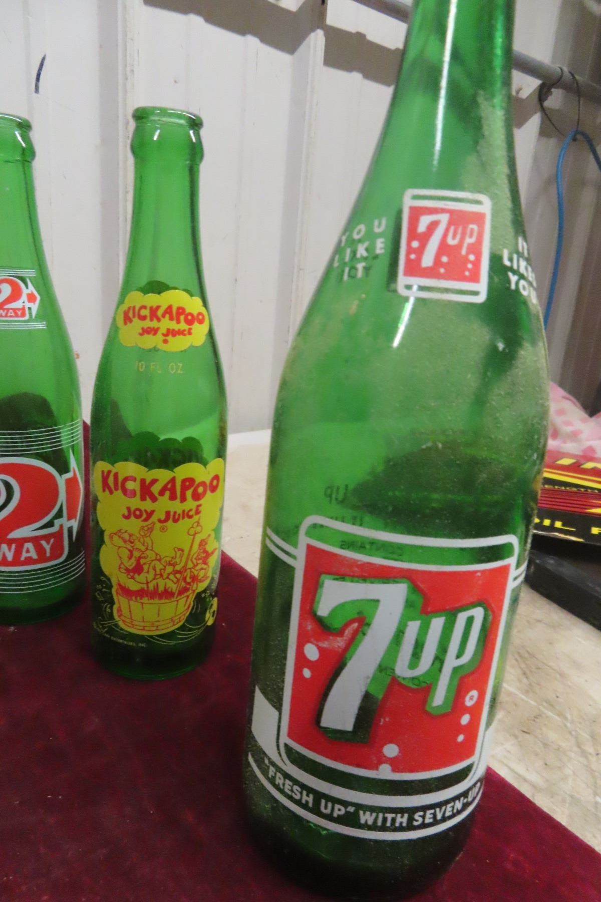 12 Old Pop Bottles: 7up, Kickapoo, 2Way, Hires, Nu Grape, Up Town ...