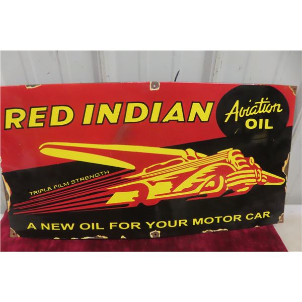 Red Indian Aviation Oil Porcelain Sign 13'' x 26'' Modern Reproduction 