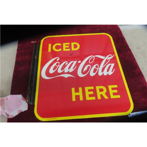 Coca Cola Iced Here Porcelain 2 Sided Flange 1949. 17'' x 19'' Good
